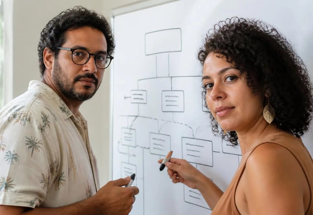 Dupla desenhando no quadro branco a estrutura de uma tese
