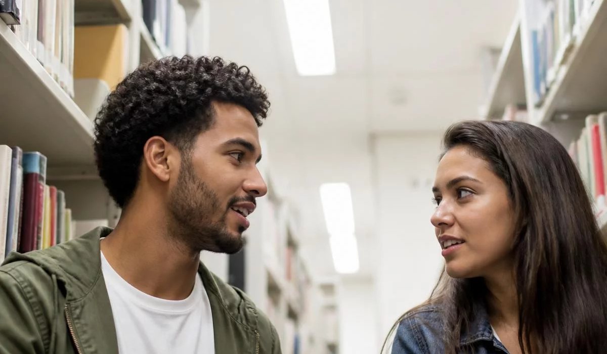 Pessoas conversando de pé junto às estantes antes de o encontro abrir
